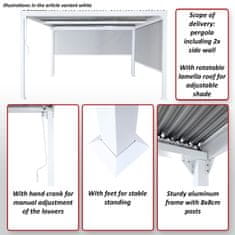 MCW Hliníková pergola L41 s 2x boční stěnou, lamelový pavilon, robustní 8cm kovový rám 3x3m ~ bílá