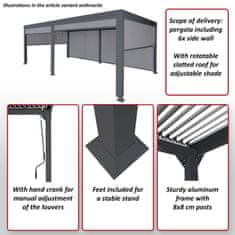 MCW Hliníková pergola L41 s 6x boční stěnou, lamelový pavilon, robustní 8cm kovový rám 3x6m ~ antracitová barva