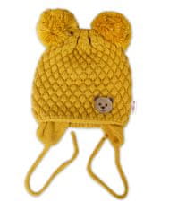 Baby Nellys Zimní pletená čepice Teddy Bear na zavazování, hořčicová, 68/80, (6-12m)