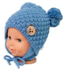 Baby Nellys Zimní pletená čepice Teddy Bear na zavazování, modrá, 56/68, (0-6 měsíců)