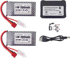 YUNIQUE GREEN-CLEAN Sada 2 LiPo baterií 7.4V 2000mAh s T-zástrčkou a nabíječkou 2v1 - kompatibilní s RC modely 9200, 9200E, 200E, 9202E, HM101, 9125, S920, S921, HB101 a WLtoys