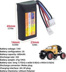 YUNIQUE GREEN-CLEAN 7,4V 600mAh 35C 2S LiPo baterie se zástrčkou Molex - kompatibilní s FMS FCX24 RC auto, nákladní automobil a elektrická horolezecká vozidla