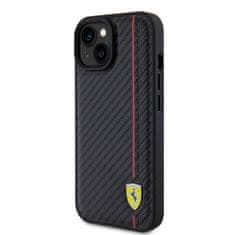 Ferrari  PU Leather Carbon Vertical Red Line Zadní Kryt pro iPhone 15 Black