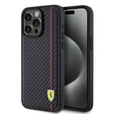 Ferrari  PU Leather Carbon Vertical Red Line Zadní Kryt pro iPhone 15 Pro Max Black