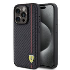 Ferrari  PU Leather Carbon Vertical Red Line Zadní Kryt pro iPhone 15 Pro Black