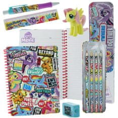 CurePink Set školních a psacích pomůcek My Little Pony|Můj malý Pony: Pojďme všude spolu (sešit, pravítko, plechové pouzdro, guma, ořezávátko, pero, tužka, pastelky)