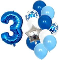 Camerazar Sada 12 modrých a bílých balónků s konfetami a číslem 3, latex/fólie, 82 cm/43 cm x 44,5 cm/25 cm