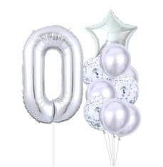 Camerazar Sada 10 stříbrných narozeninových balónků s číslem 0, výška čísla 81 cm, velikost hvězdy 45 cm, latexové