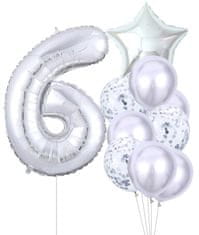 Camerazar Sada 10 stříbrných narozeninových balónků s číslem šest a konfetami, různé tvary a velikosti, latex a fólie