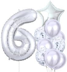 Camerazar Sada 10 stříbrných narozeninových balónků s číslem šest a konfetami, různé tvary a velikosti, latex a fólie