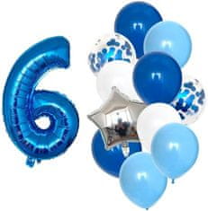 Camerazar Sada 12 modrobílých balónků s konfetami a číslem 6, fóliový materiál, výška 82 cm