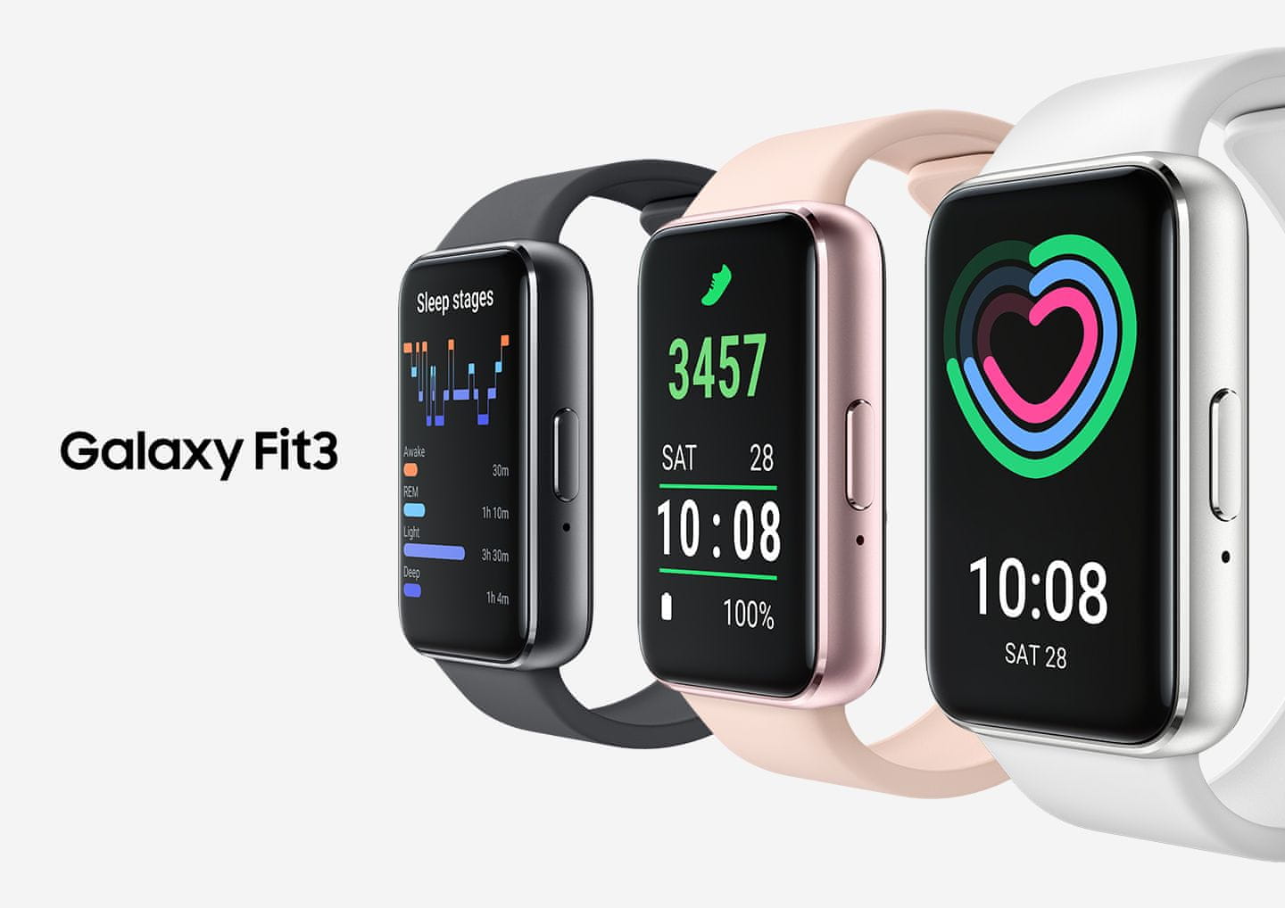 Fitness náramek Samsung Galaxy Fit3 AMOLED displej detekce pádu nouzové volání Bluetooth párování notifikace z telefonu měření tepu měření saturace SpO2 ovládání gesty pohodlný náramek sportovní náramek interní paměť hudba multisport ovládání fotoaparátu