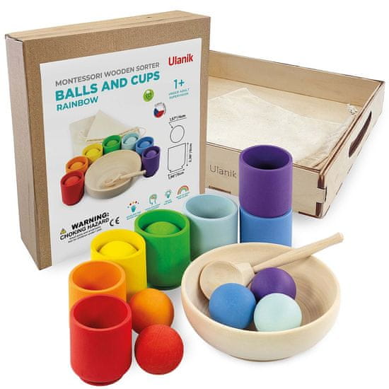 Ulanik Montessori dřevěná hračka "Rainbow: balls in cups"