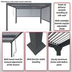 MCW Hliníková pergola L41 s 2x boční stěnou, lamelový pavilon, robustní 8cm kovový rám 3x3,7m ~ antracitová barva