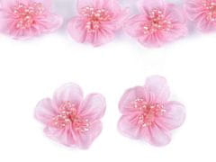 Kraftika 2ks růžová sv. organzový květ s broušenými korálky k našití