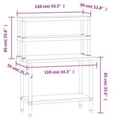 Greatstore Kuchyňský pracovní stůl s horní policí 110 x 55 x 150 cm nerez