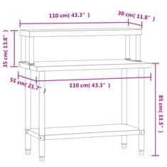 Greatstore Kuchyňský pracovní stůl s horní policí 110 x 55 x 120 cm nerez