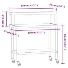 Greatstore Kuchyňský pracovní stůl s horní policí 110 x 55 x 120 cm nerez