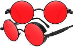 Camerazar Unisex Steampunkové Kulaté Brýle RED Ray Lenon, Černá Kovová Obroučka, Červené Skla, UV Filtr 400 Cat.2