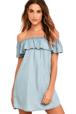 Lulus Dámské šaty Standout Style Dark Blue Chambray Off-the-Shoulder Dress XS