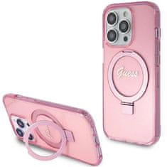Guess hard silikonové pouzdro iPhone 15 PRO 6.1" pink Ring Stand Script Glitter MagSafe