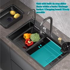 Netscroll Multifunkční kuchyňské dřez z nerezové oceli, výsuvná baterie, 3 typy vodního proudu, dávkovač mýdla, oplachovač sklenic, dodatečné nádoby, řezací deska, ideální řešení pro moderní kuchyně, SinkLux