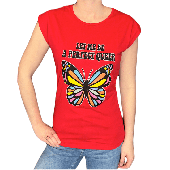 INNA Dámské tričko červený krátký rukáv barevný motýl