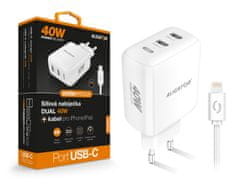 Aligator Chytrá síťová nabíječka Power Delivery 40W, 2xUSB-C, USB-C kabel pro iPhone/iPad, bílá