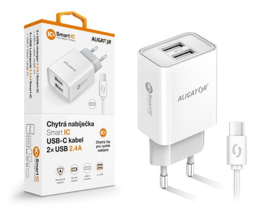 Aligator Chytrá síťová nabíječka 2,4A, 2xUSB, smart IC, bílá, USB-C kabel