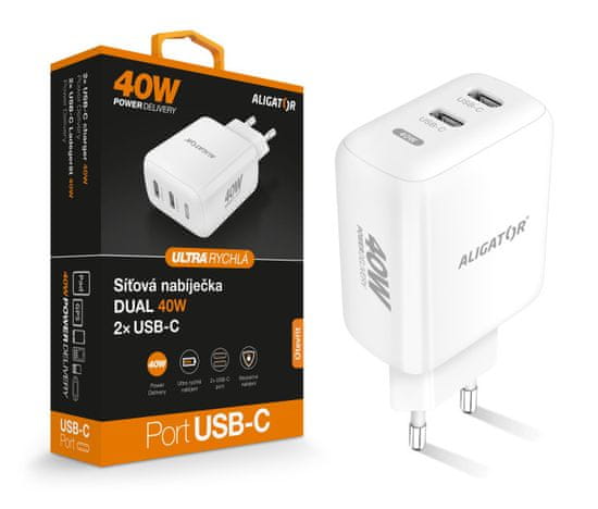 Aligator Chytrá síťová nabíječka Power Delivery 40W, 2xUSB-C, bílá