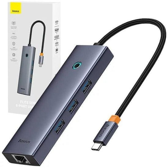 BASEUS multifunkční HUB Ultra Joy 6v1, HDMI, 3x USB 3.0, USB-C PD, RJ45, šedá