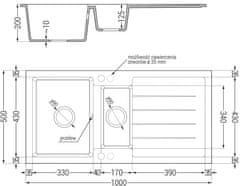 Mexen Andres granitový dřez s malým odkapávačem 1000 x 500 mm,černý/stříbrný metalik (6515101510-73)