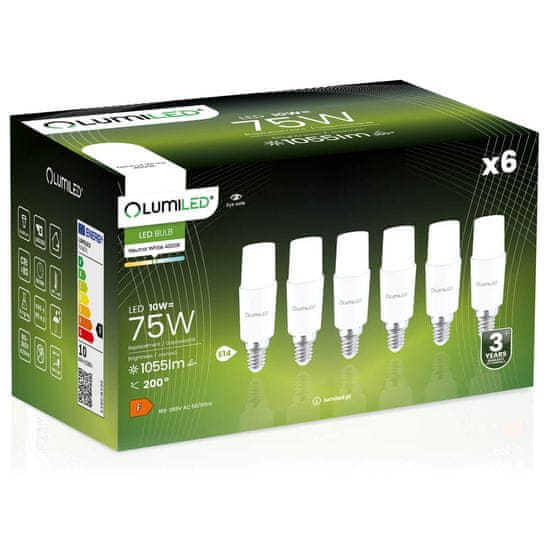 LUMILED 6x LED žárovka E14 STICK T37 10W = 75W 1055lm 4000K Neutrální bílá 200°