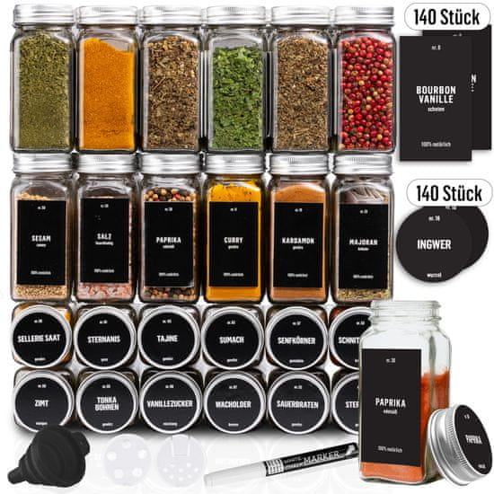 Deco Haus Skleněné dózy na koření, Skleněné Dózy do kuchyně na potraviny a koření, Sada 24 ks, 120ml | DECOHAUS SPICE JARS 24 PACK