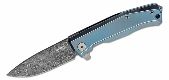 LionSteel MT01D BL Myto Blue Damascus kapesní nůž 8,3 cm, damašek, modrá, titan, rozbíječ skla