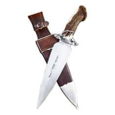 Muela PODENCO lovecký nůž - dýka 24,5 cm, jelení paroh, lovecký motiv - pes Podenko, kožené pouzdro