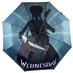 CurePink Skládací deštník Netflix|Wednesday: Wednesday s violoncellem (průměr 121 cm)