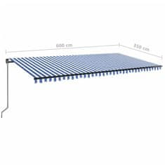 Vidaxl Ručně zatahovací markýza s LED světlem 600 x 350 cm modrobílá