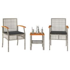 Greatstore 3dílný bistro set s poduškami šedý polyratan akáciové dřevo