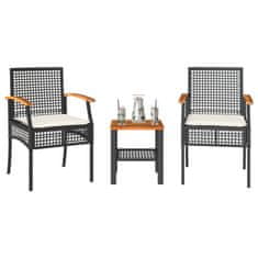 Greatstore 3dílný bistro set s poduškami černý polyratan akáciové dřevo