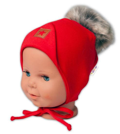 Baby Nellys Bavlněná dvouvrstvá čepice s bambulí na zavazování Star - červená, vel. 80/86
