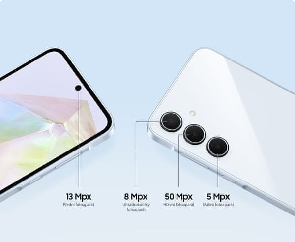 Samsung Galaxy A35 5G, chytrý telefon, vlajková loď velký displej Super AMOLED obnovovací frekvence stabilizace obrazu tři fotoaparáty nejrychlejší 5G připojení 5G internet podpora nejrychlejšího připojení Corning Gorilla Glass Victus+ výkonný telefon IP67 NFC