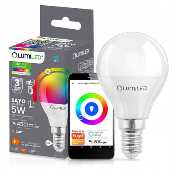 LUMILED Chytrá LED žárovka E14 P40 5W = 40W 450lm RGB CCT + BÍLÁ WIFI TUYA SMART