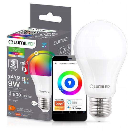 LUMILED Chytrá LED žárovka E27 A60 9W RGB CCT + BÍLÁ WIFI TUYA SMART