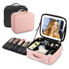 Kosmetický kufřík Toaletní taška Make Up Bag Make Up Case Cestovní taška Beauty Case, zrcadlo s LED pásky a nastavitelným teplem světla - Makeupbox, růžová