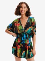 Desigual Černé dámské květované plážové šaty Desigual Top Tropical Party XL