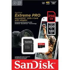 SanDisk Paměťová karta Micro SDXC Extreme Pro 256GB UHS-I U3 (200R/ 140W) + adapter