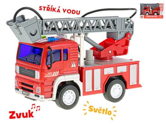 Auto hasiči 18 cm 1:20 stříkající vodu na setrvačník na baterie se světlem a zvukem