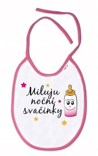 Baby Nellys Nepromokavý bryndáček Miluju noční svačinky, 24 x 27 cm-bílý s růžovým lemem