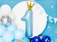 PartyDeco Fóliový balón Číslo 1 světle modrý s korunkou 90cm